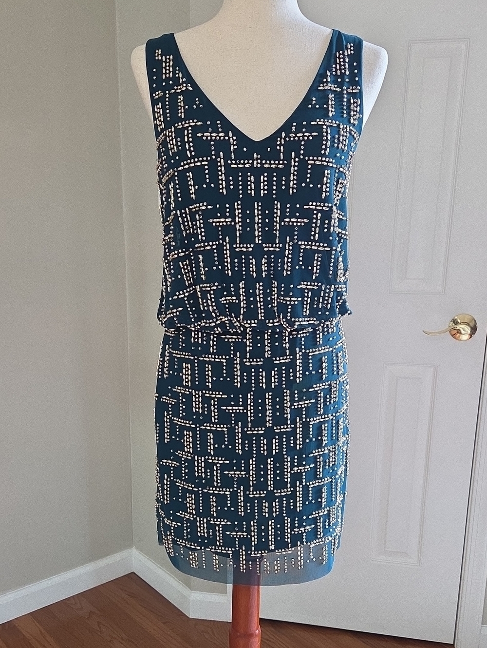 Vintage CACHE Y2K Metallic Beaded Deep V Mini Dress Party Glam Sz 4